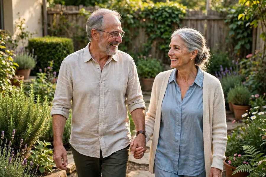 A couple taking a gentle walk together in their garden at home