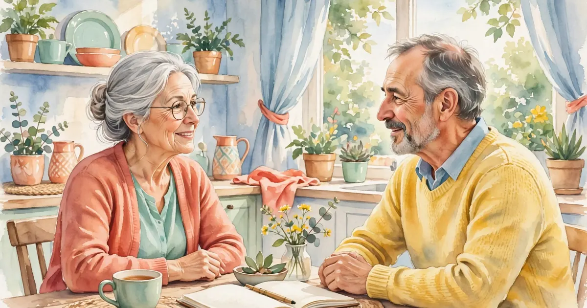A couple sitting at a kitchen table, talking together with a notebook and pen beside them