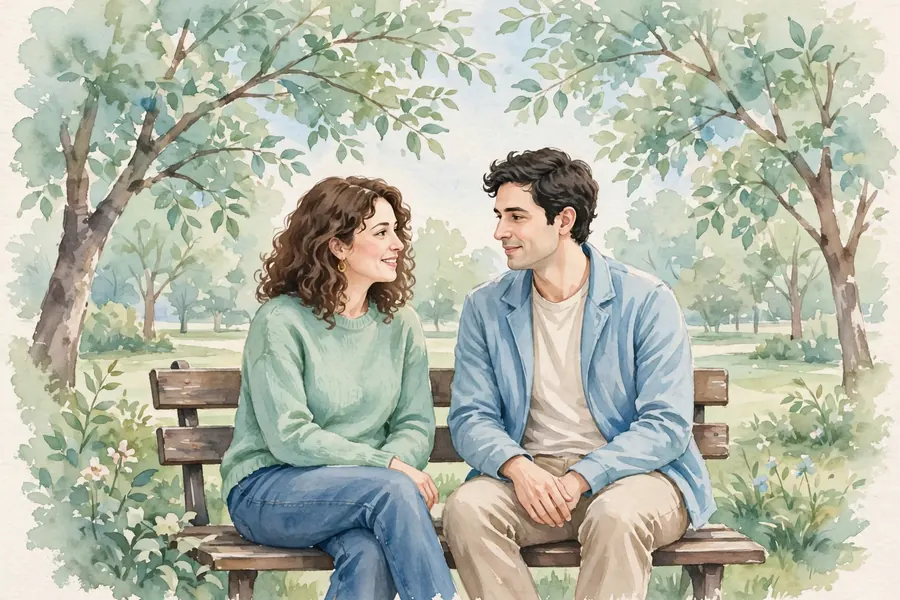 A couple sitting on a park bench among trees, talking together at ease