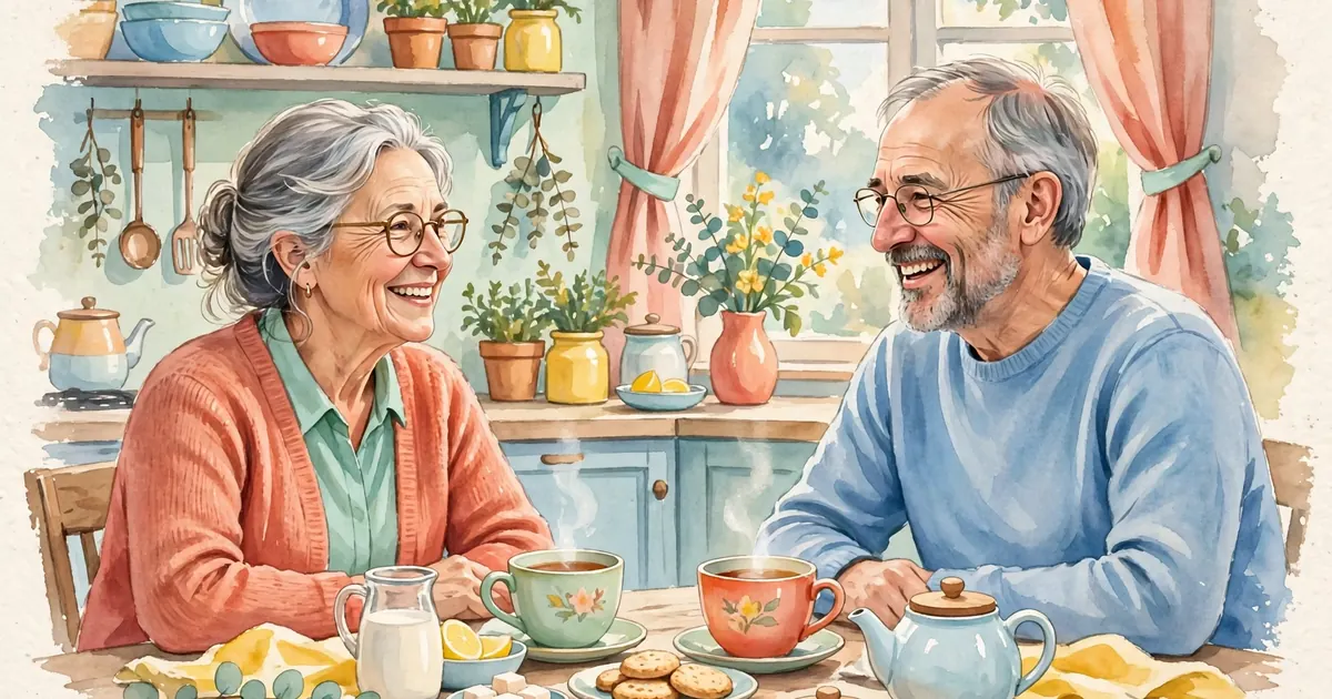 A couple sitting at a kitchen table at home, talking together over cups of tea