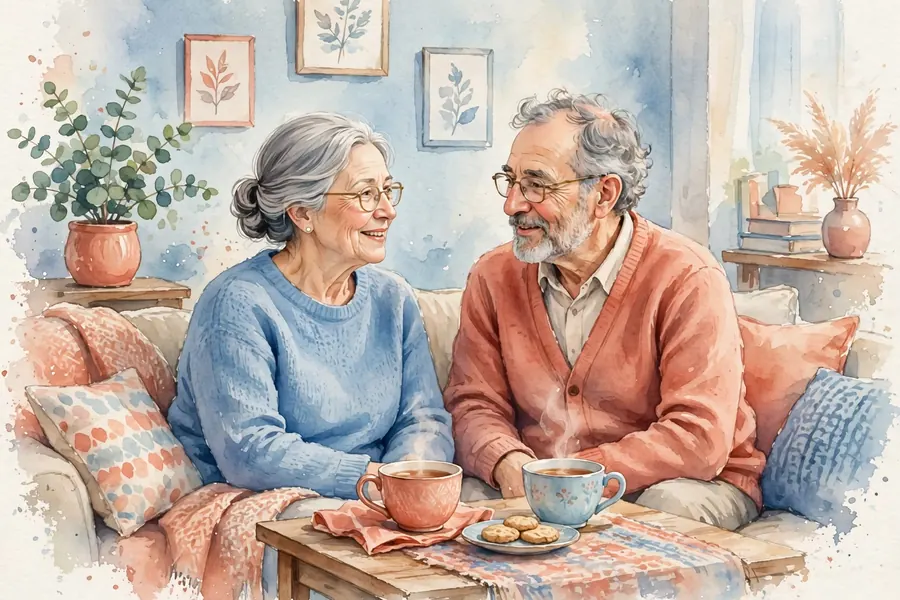 A couple sitting on a sofa at home, talking together over cups of tea