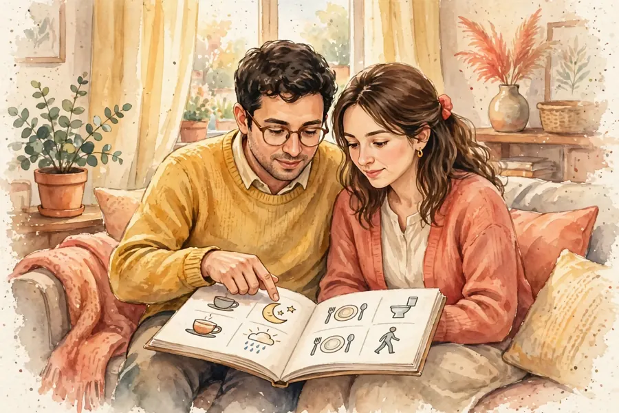 A man and his partner sitting on a sofa at home, looking at a picture communication book together
