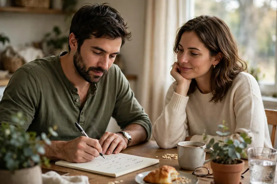 A couple at home writing key words on a notepad to help a conversation along