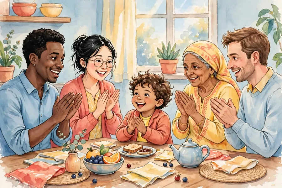 A family smiling and clapping as their child joins in talking at the kitchen table