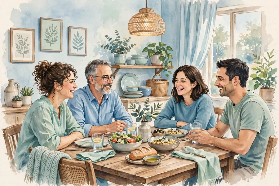 A family sitting around a dining table at home, chatting together over dinner