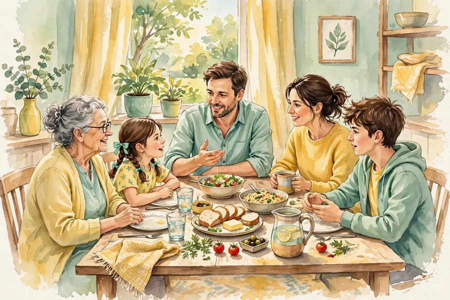 A family sitting around a dining table at home, talking and listening together