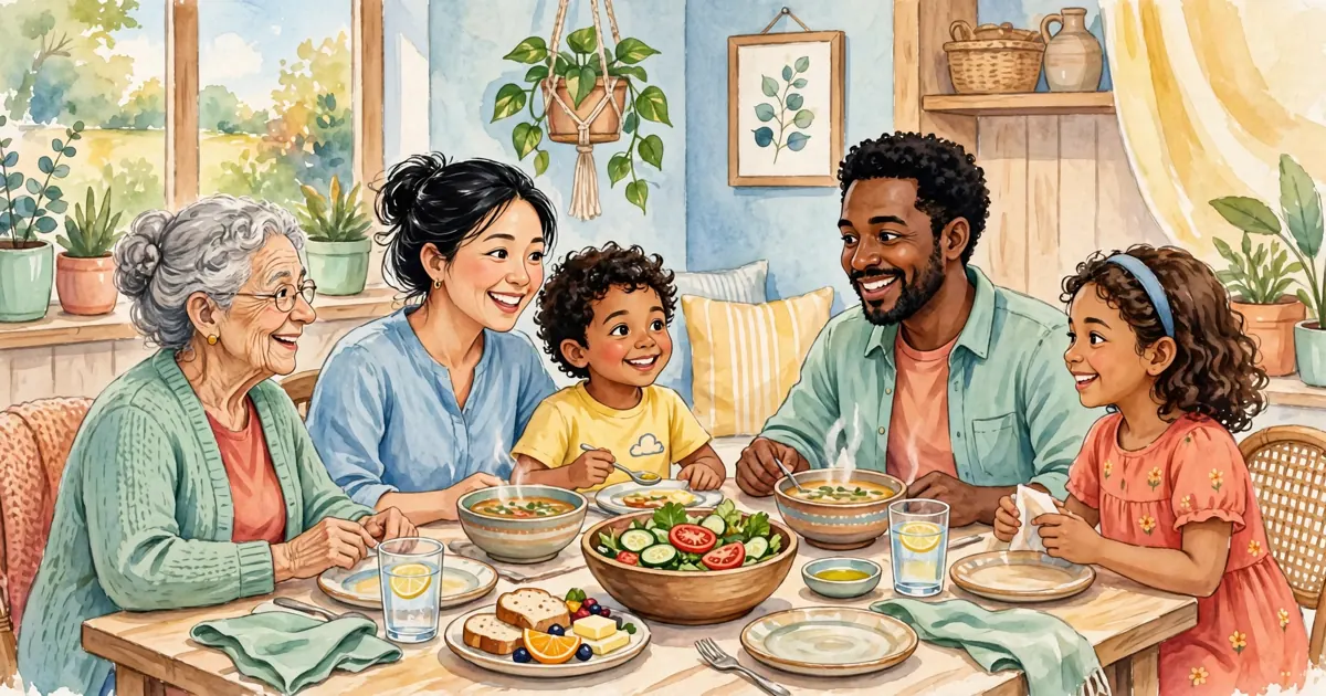 A family sitting around a table at home, smiling and enjoying a calm meal together