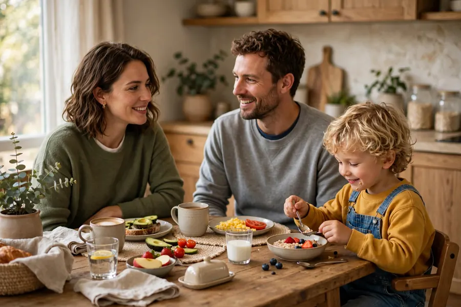 A family sharing a relaxed breakfast together at home, a child eating happily at their own pace