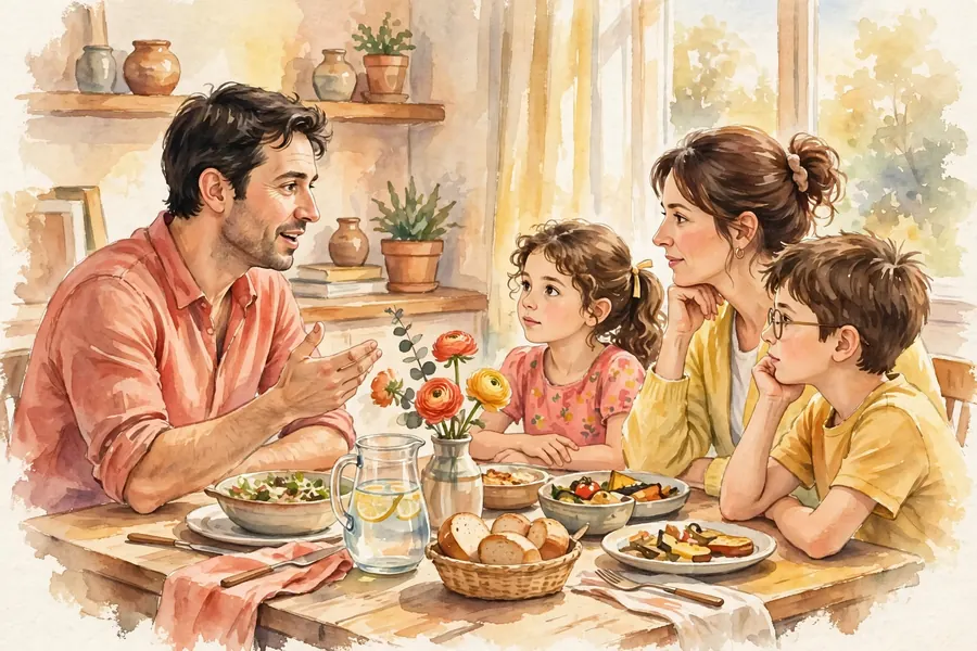 A family sitting around a dinner table at home, listening patiently as one person speaks