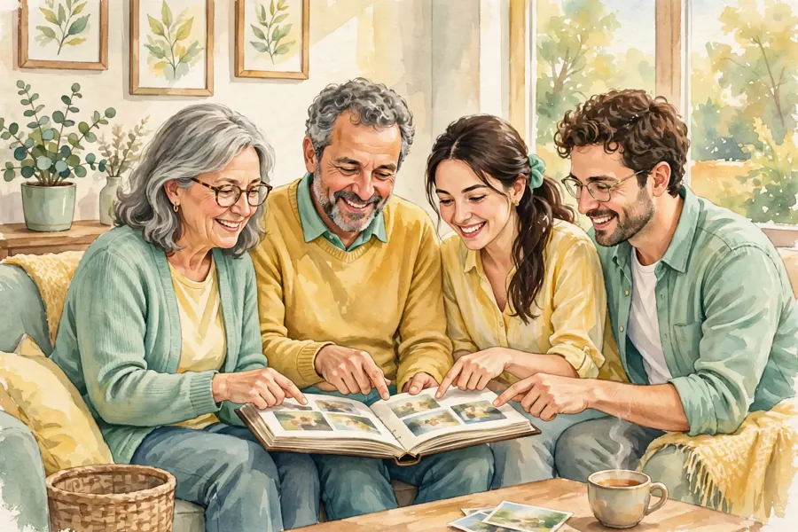 A family sitting together looking through a photo album and talking