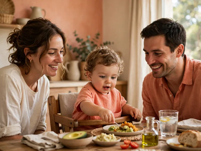 A family sharing a meal with their toddler in a highchair