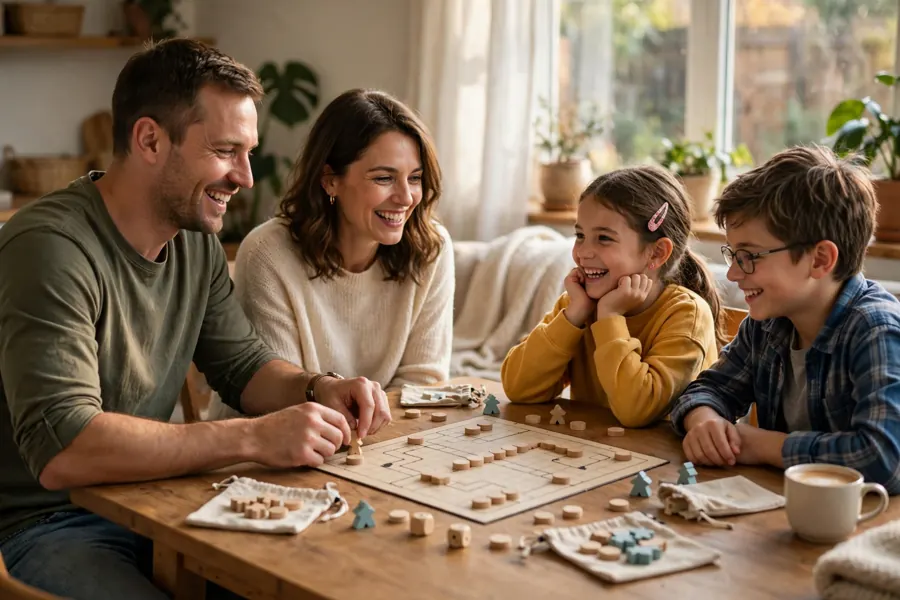 A family playing a board game together around a table at home, smiling and taking turns