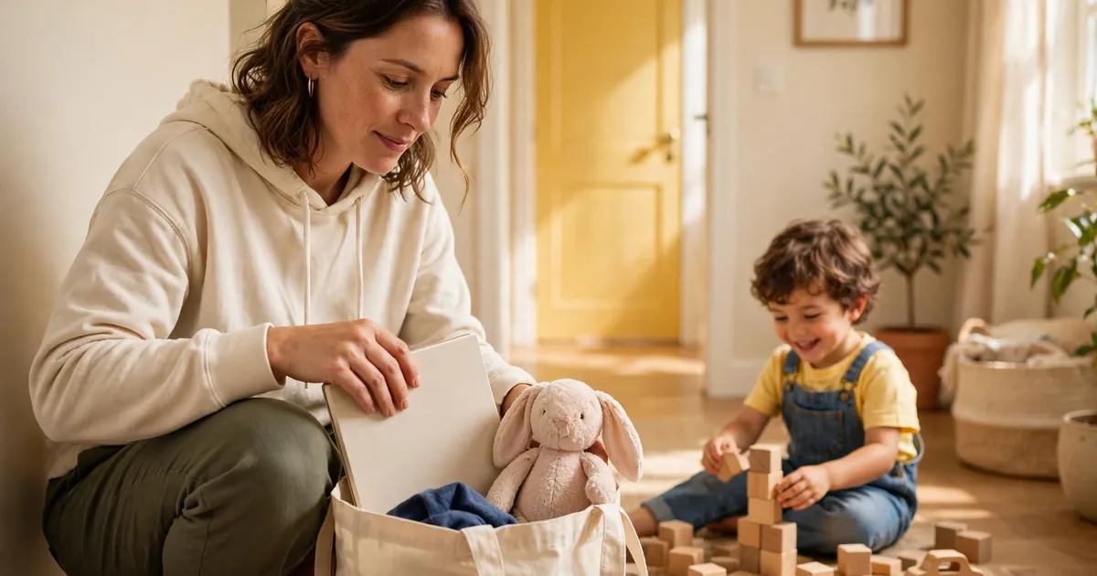 A parent packing a bag at home with a notebook and a soft toy while their child plays happily nearby