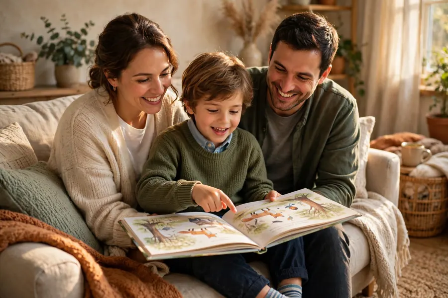 A family reading a story together on a sofa while a child talks about the pictures