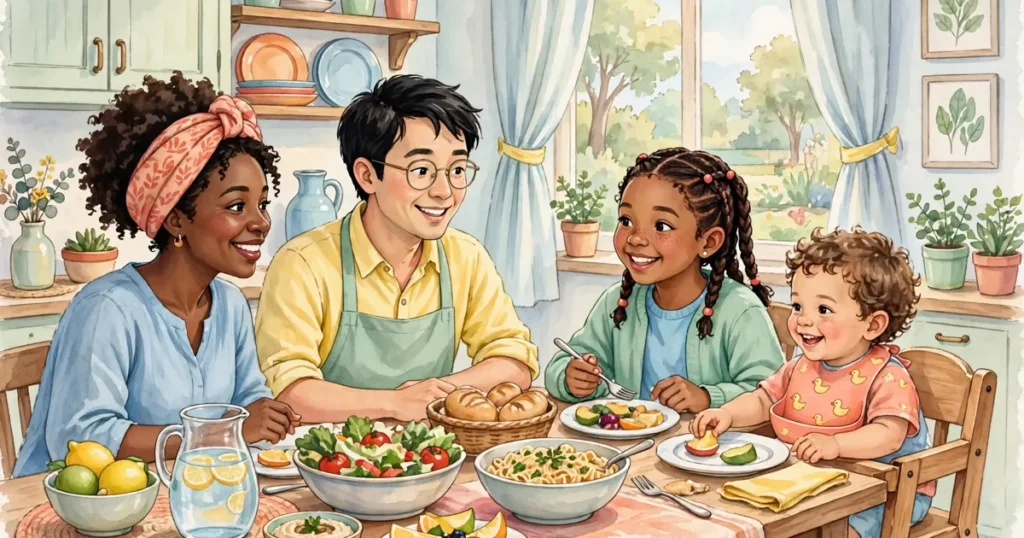 A family sharing a relaxed meal together at a kitchen table with their young child