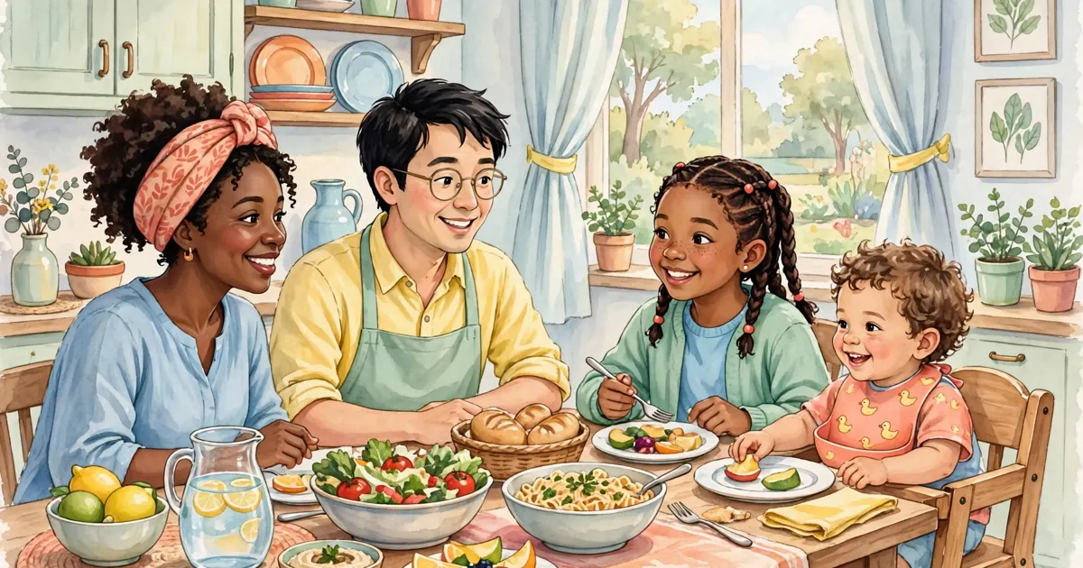 A family sharing a relaxed meal together at a kitchen table with their young child