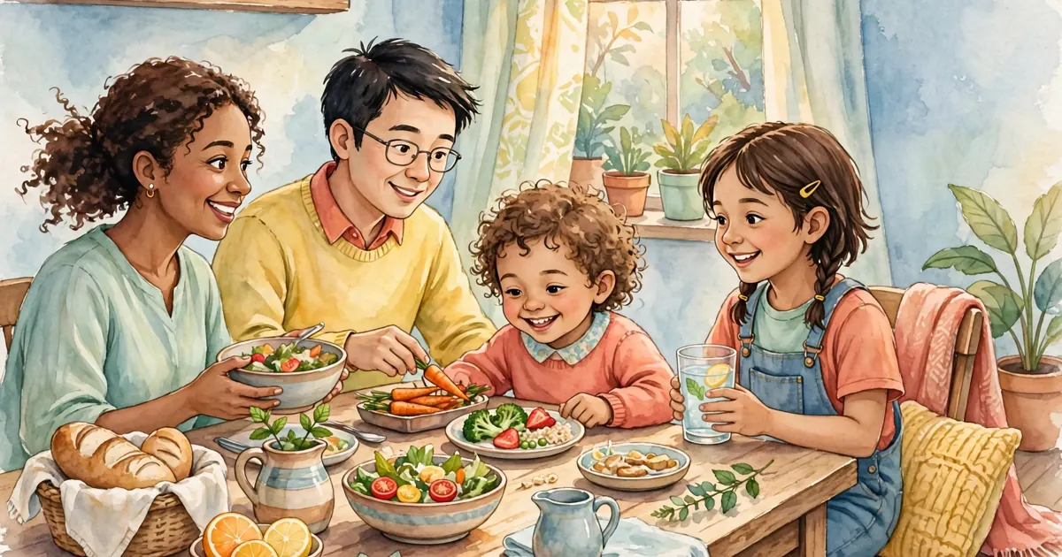 A family sharing a relaxed meal together at a table at home, with a young child happily joining in