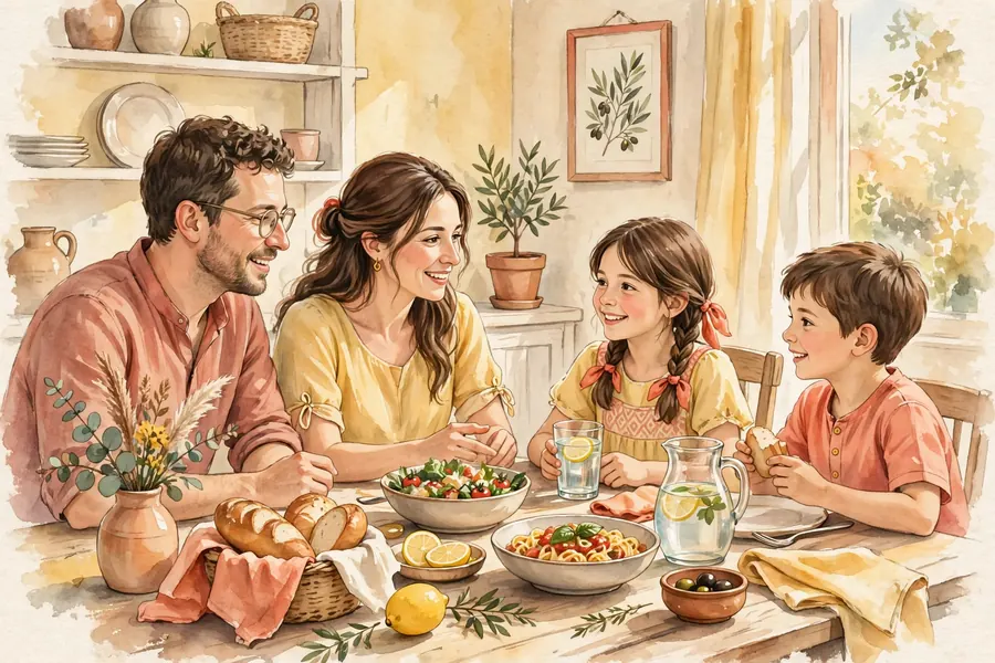 A family sharing a relaxed meal at home, talking and listening to each other around the table