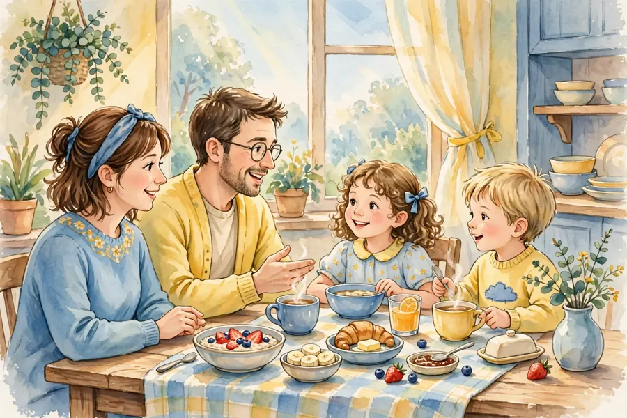 A family chatting and laughing together around a breakfast table at home
