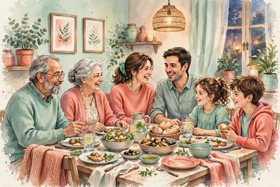 A family talking together over dinner around a table at home