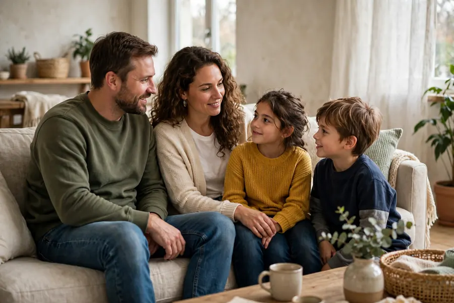 A family sitting together in a living room at home, talking and listening to one another