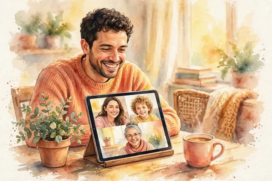 A man talking with his family on a video call, using a tablet propped on a table at home