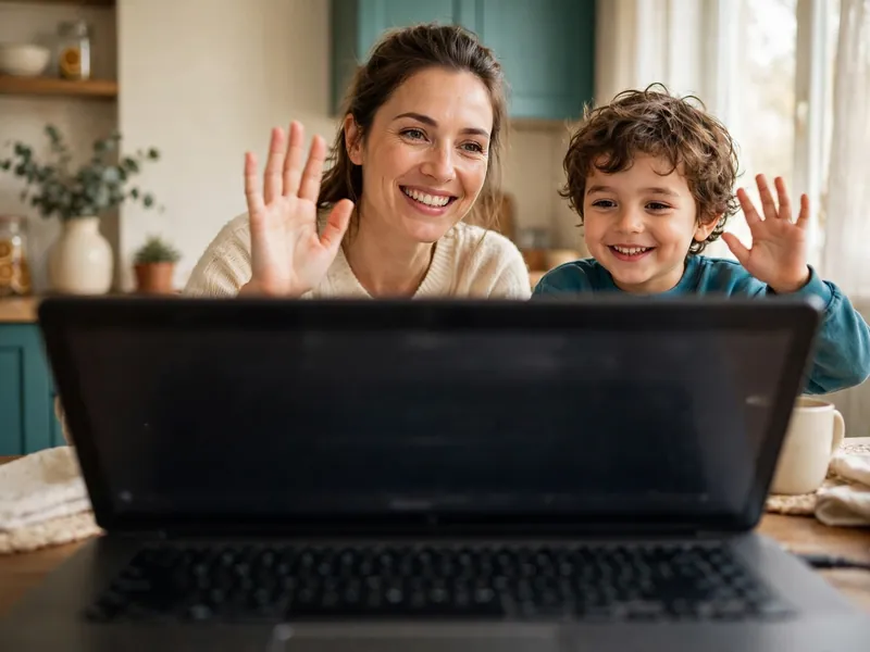 A mother and child waving during a video call on a laptop