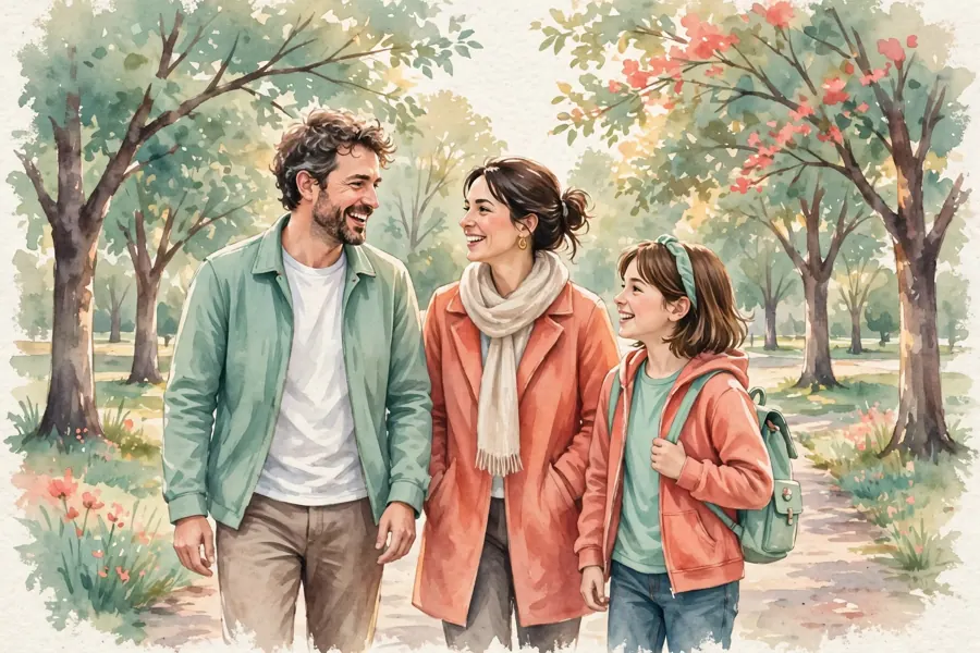 An adult walking along a park path with family members, chatting as they go