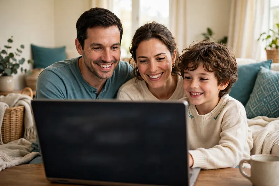 A family sitting together at home, joining an online therapy session on a laptop