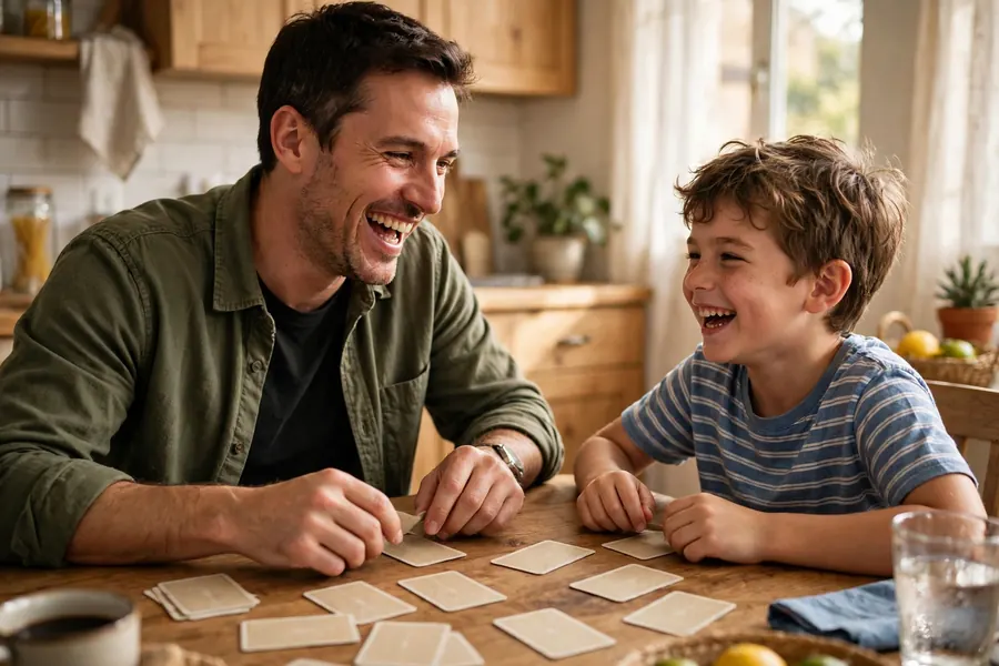 A father and son laughing together while playing a simple card game at the kitchen table
