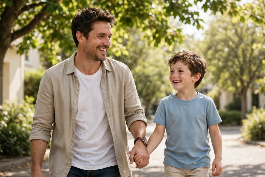 A father and his young son walking together outdoors on a sunny day, both smiling