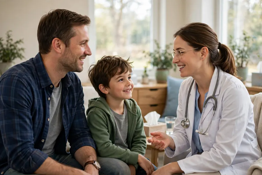 A father and his young son talking with a doctor in a calm, bright consultation room
