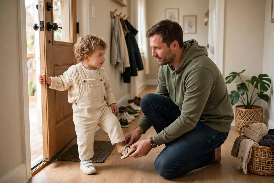 A father kneeling in a hallway at home, helping his toddler put on shoes as part of their everyday routine