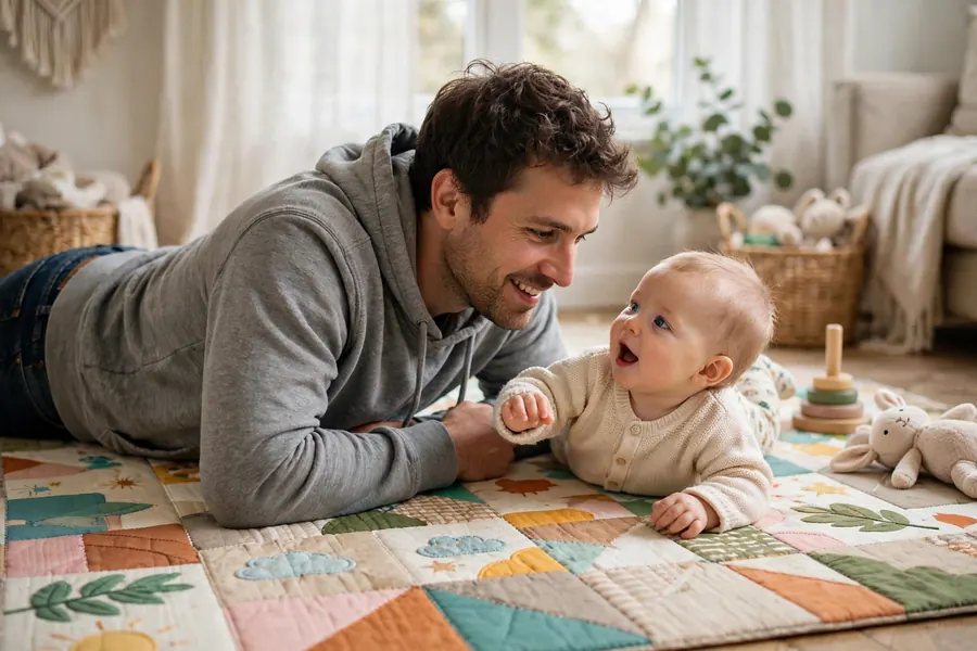 A father lying on a play mat at home, listening closely and smiling as his baby babbles beside him