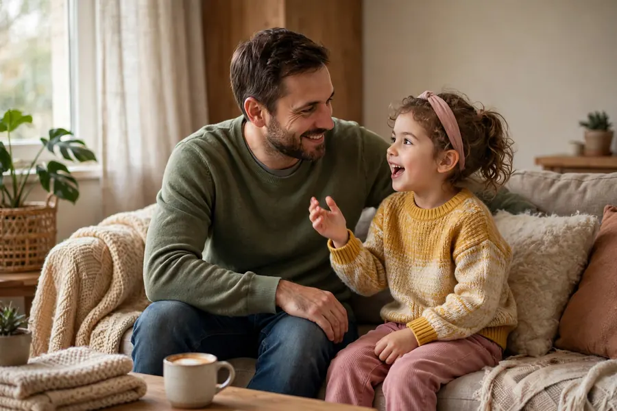 A father listening closely on the sofa while his child tells him something with great enthusiasm