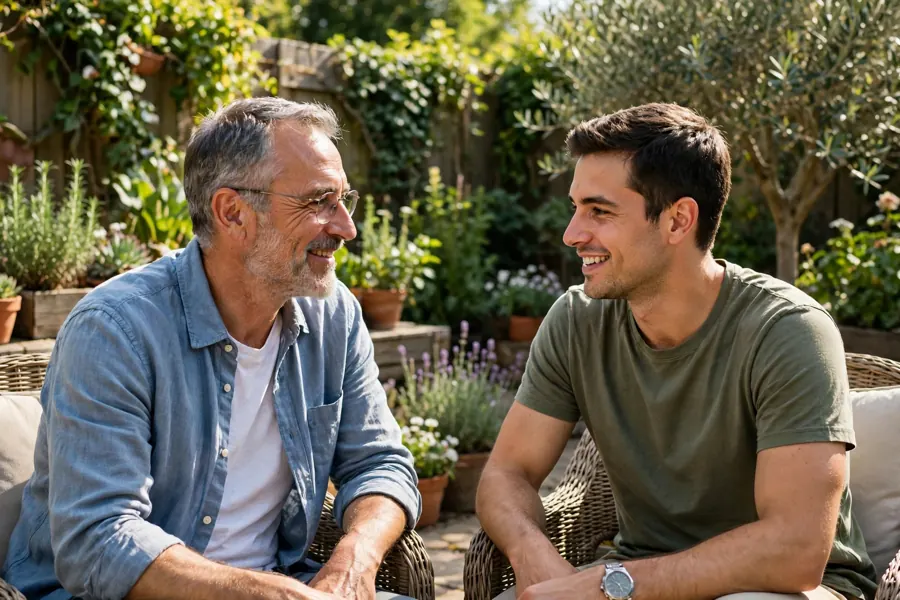 A man sitting in a sunny garden at home, chatting with his adult son
