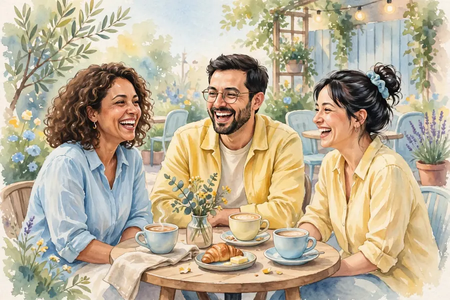 A small group of friends chatting together at a table in a café garden