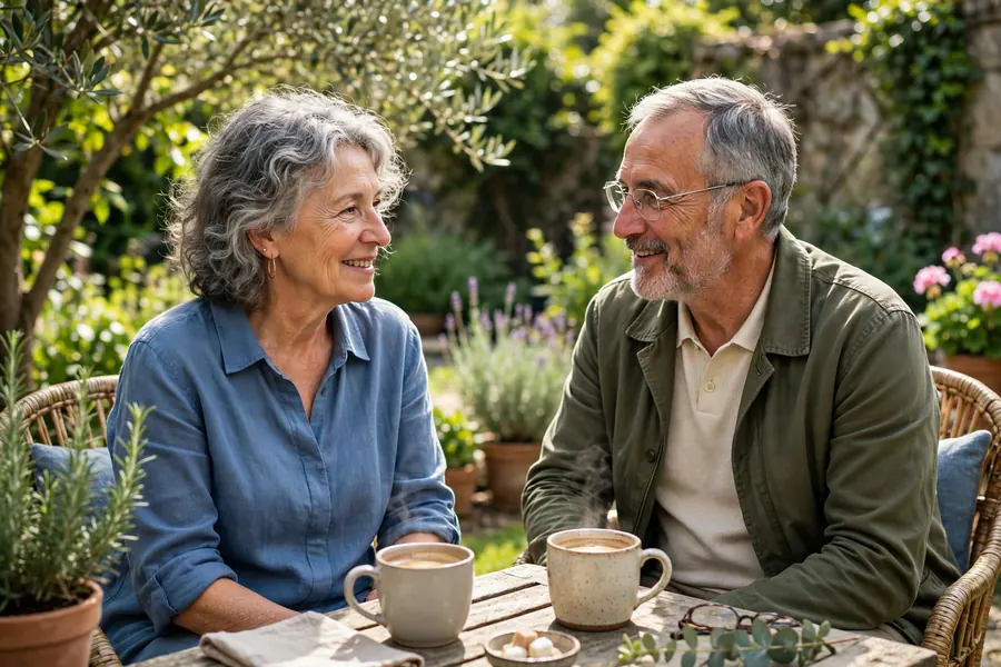 Two friends chatting over coffee in a sunny garden, relaxed and unhurried
