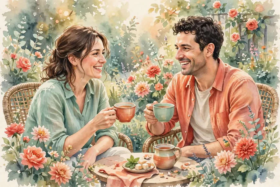 Two friends sitting in a garden, chatting together over cups of tea