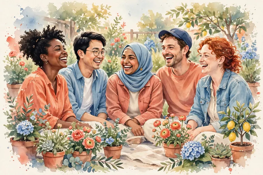 A group of adult friends laughing together outdoors in a sunny garden
