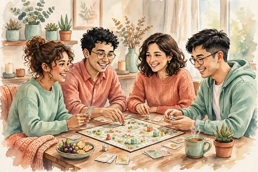 A small group of friends playing a board game together at a table, smiling and taking turns