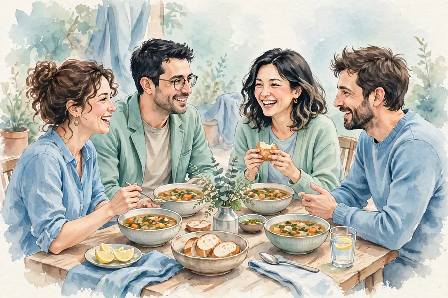 A small group of friends sharing bowls of soup and conversation around a table