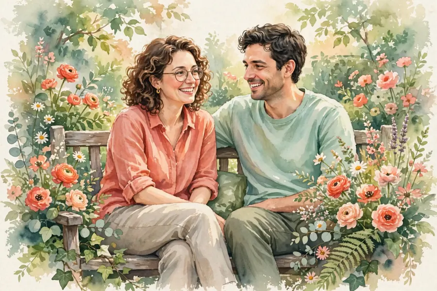 Two friends talking together on a bench in a sunny garden