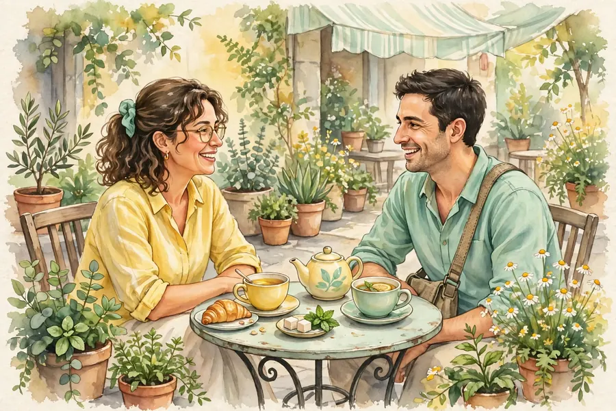 Two friends talking together over drinks in a sunny café garden