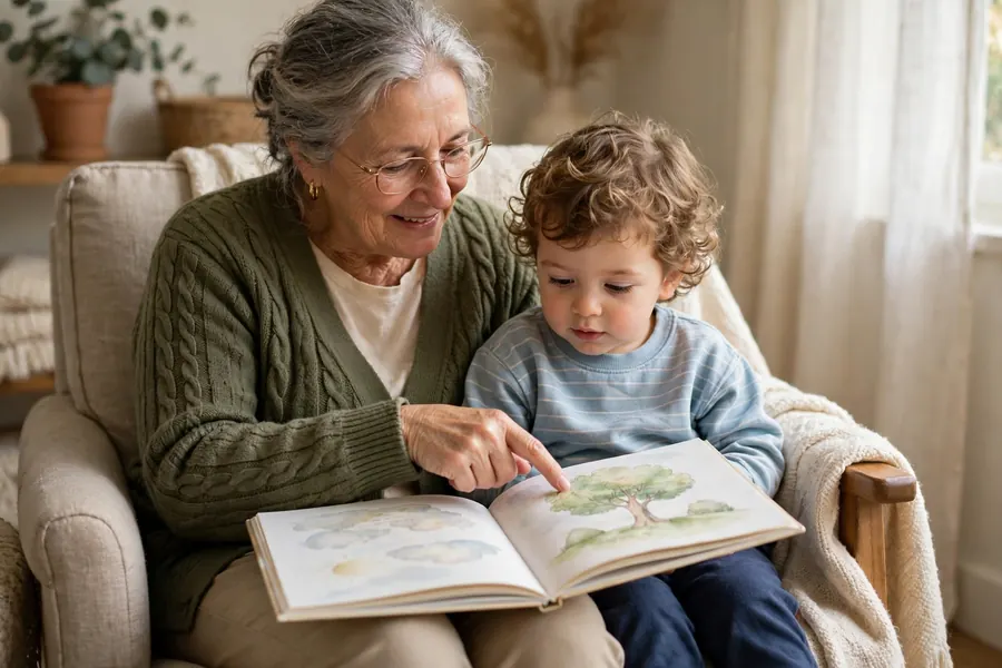 A grandmother and toddler sitting together in an armchair sharing a picture book, the grandmother pointing at a picture