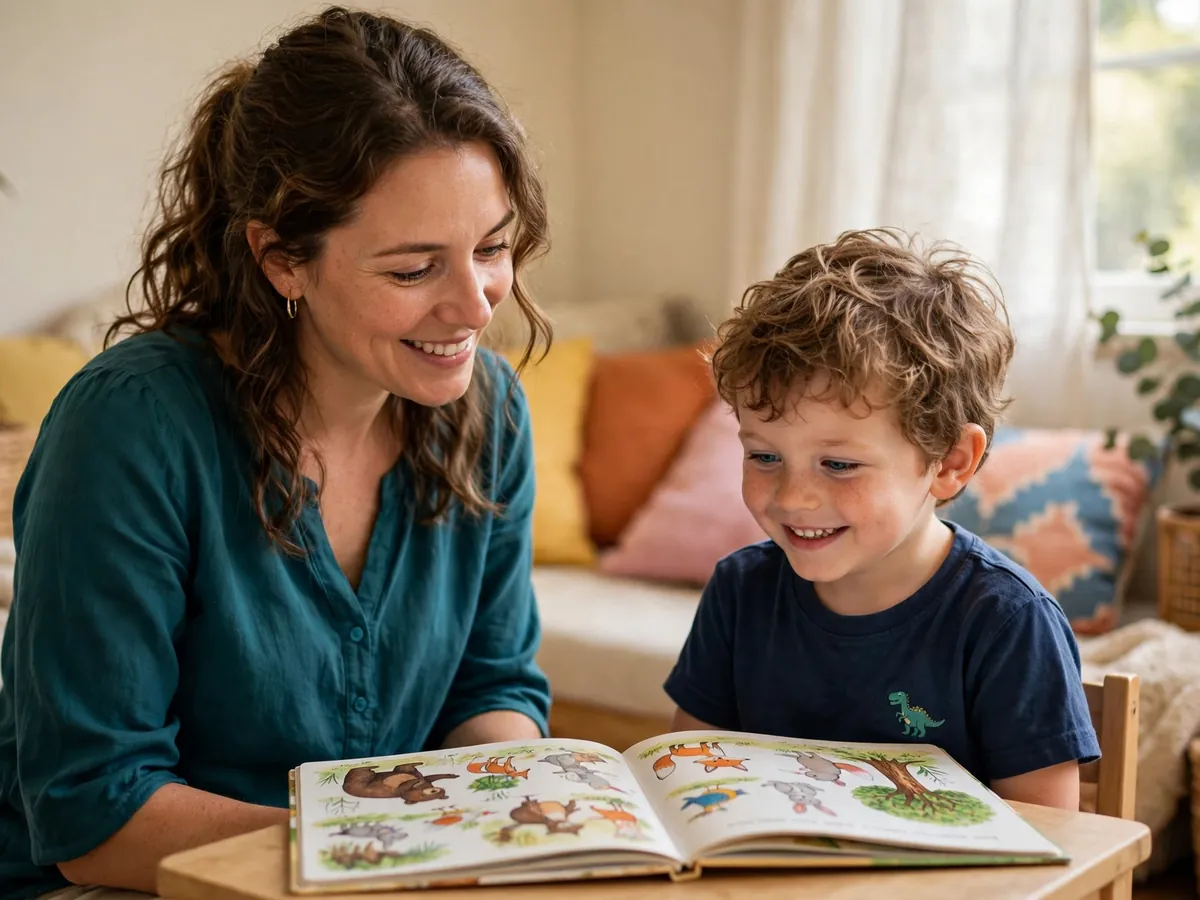 A speech therapist reading a picture book with a young child at a small table