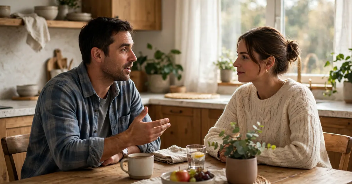 A man sitting at a kitchen table at home, talking with his wife, who listens patiently