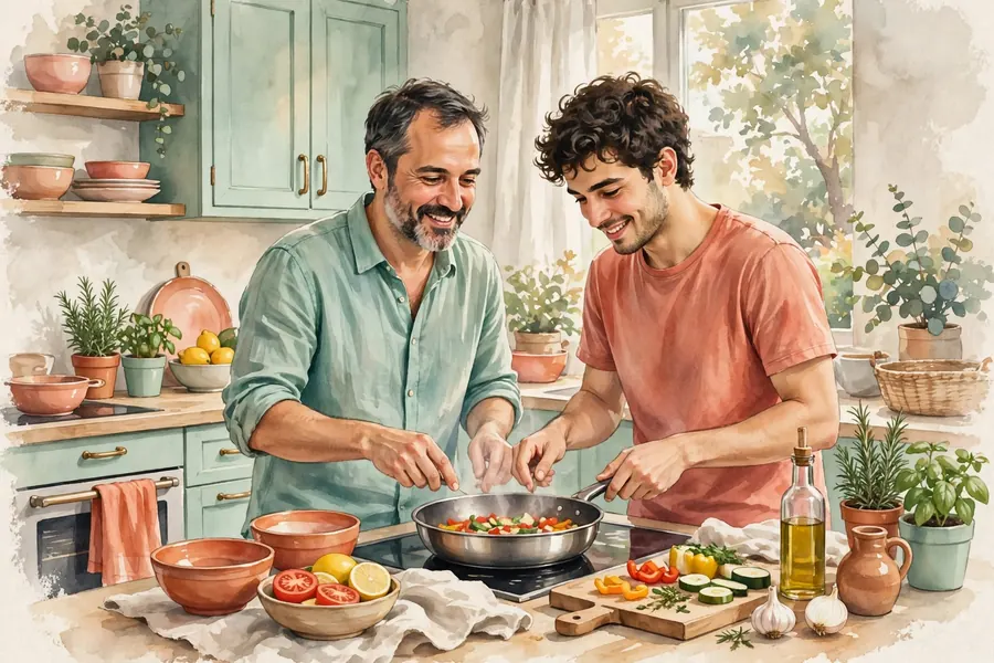 A man and his adult son preparing food together in a bright kitchen at home
