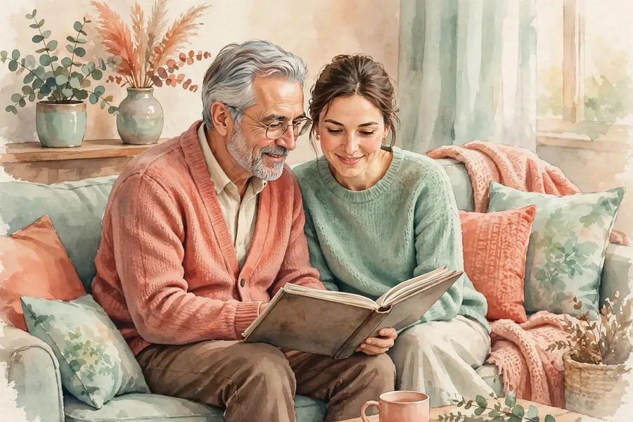 A man and his adult daughter sitting on a sofa together, smiling as they look through a family photo album