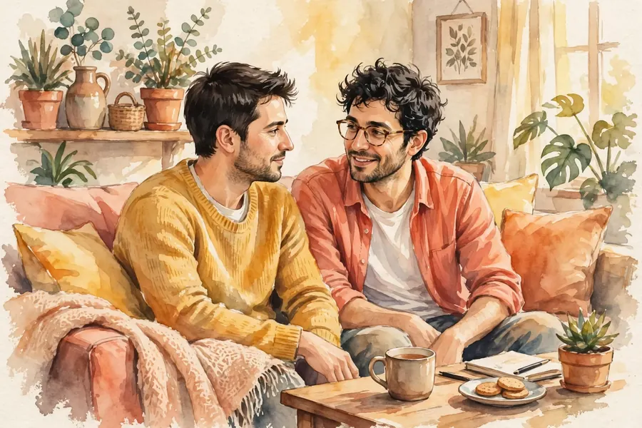 A man sitting close to a friend on a sofa, chatting quietly together